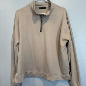 Tan Zip Up Sweater with Stand-Up Collar